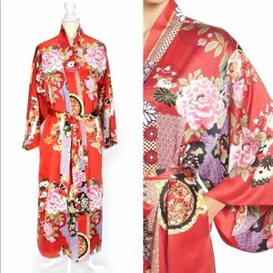 Natori Private Luxuries Red Floral Satin Kimono, S